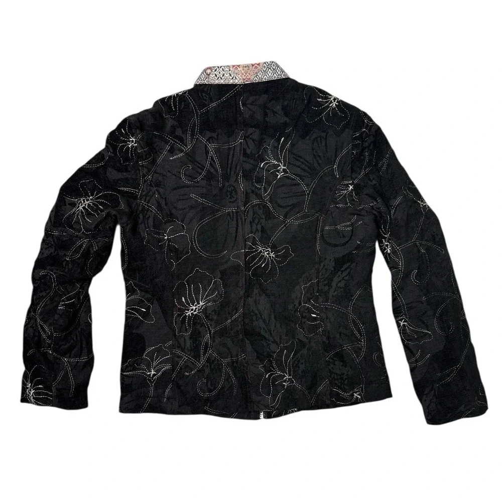 Chicos Full Zip Jacket Floral Silk Linen Artsy Patchwork Size 1 Medium